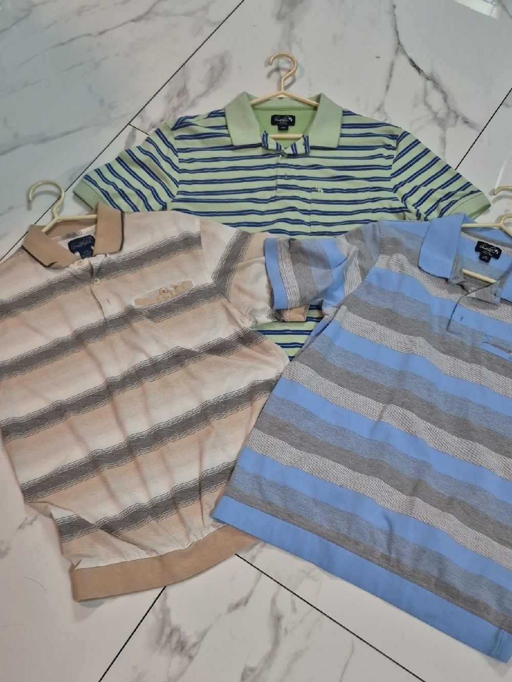 3 Mens Vintage Striped Polo Shirt - Blue, Green, Beige. 2 Med 1 Lar